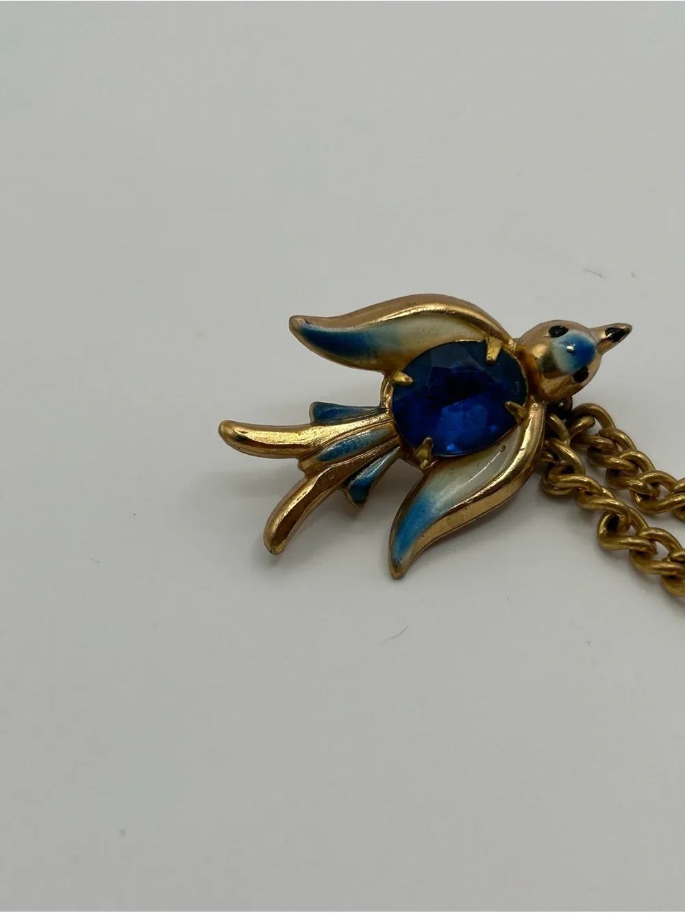 Vintage Coro Pegasus Blue Enamel Bird Chain Brooch - Elegant Blue Crystal Accent